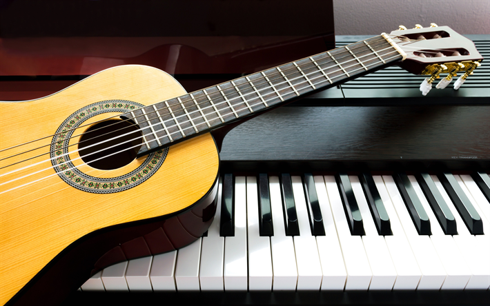 4k, piano, guitarra, instrumentos musicales, close-up