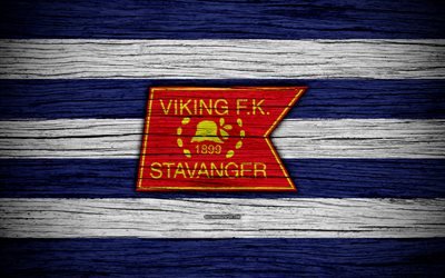 Viking FC, 4k, Eliteserien, logo, soccer, football club, Norway, Viking, wooden texture, FC Viking
