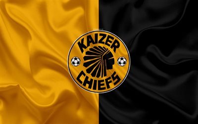 kaizer chiefs fc -, 4k -, logo -, orange-schwarz-seide-flag, south african football club, emblem, premier league, johannesburg, s&#252;dafrika, fu&#223;ball, seide textur