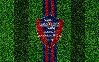 Kardemir Karabukspor, 4k, football lawn, logo, grass texture, emblem, red blue lines, Turkish football club, Super Lig, Karabuk, Turkey, football, Turkish football superleague