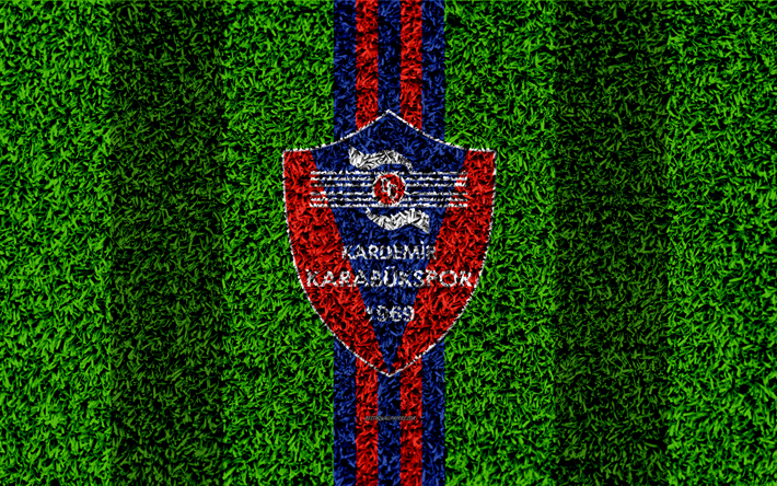 Kardemir Karabukspor, 4k, football de la pelouse, le logo, la texture d&#39;herbe, de l&#39;embl&#232;me bleu rouge de lignes, turc, club de football, Super Lig, Karabuk, la Turquie, le football, le football turc superleague