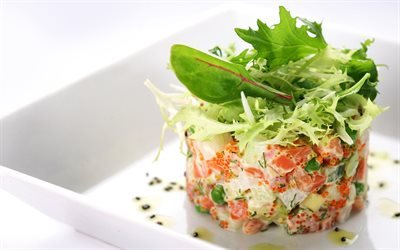fish salad, healthy food, salmon salad, Red caviar, diet, slimming