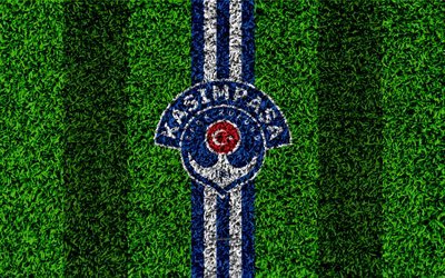 Kasimpasa FC, 4k, football lawn, logo, grass texture, emblem, white blue lines, Turkish football club, Super Lig, Istanbul, Turkey, football, Turkish football superleague, Kasimpasa SK