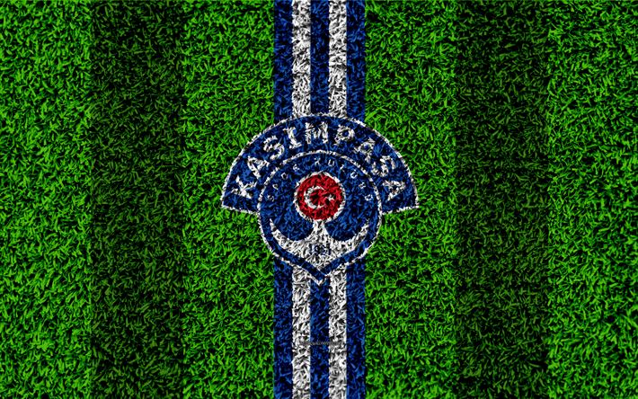 Kasimpasa FC, 4k, f&#250;tbol de c&#233;sped, el logotipo, el c&#233;sped de textura, emblema, blanco azul l&#237;neas, turco, club de f&#250;tbol, Super Lig, Estambul, Turqu&#237;a, f&#250;tbol, f&#250;tbol turco de la superleague, Kasimpasa SK