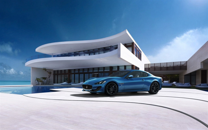 Maserati GranTurismo, 2018, blue sports car, sports coupe, blue GranTurismo, Italian cars, modern country house, modern architecture, Maserati
