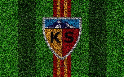 Kayserispor FC, 4k, calcio prato, logo, erba, trama, simbolo, rosso, giallo linee, squadra di calcio turco, Super Lig, Kayseri, Turchia, calcio, calcio turco superleague