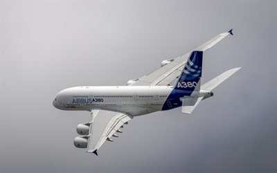 4k, Airbus A380, voo, avi&#227;o de passageiros, A380, avia&#231;&#227;o civil, Airbus