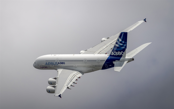 4k, Airbus A380, flight, passenger plane, A380, civil aviation, Airbus