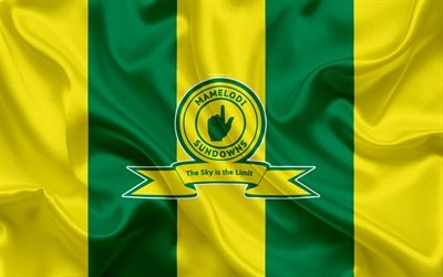 Mamelodi Sundowns FC, 4k, logotipo, verde, amarillo bandera de seda, sud&#225;frica, club de f&#250;tbol, el emblema, de la Liga Premier, Pretoria, el f&#250;tbol, la seda textura