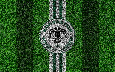 Konyaspor FC, 4k, football lawn, logo, grass texture, Konyaspor emblem, green white lines, Turkish football club, Super Lig, Konya, Turkey, football, Turkish Super Soccer