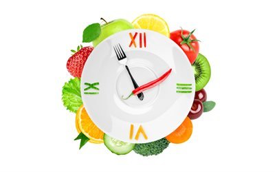 la dieta de los conceptos, creativo reloj, fruta, comida diario de los conceptos, de los alimentos