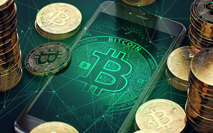 Bitcoin, 4k, le smartphone, la monnaie &#233;lectronique, le crypto-monnaie, le Bitcoin Concept