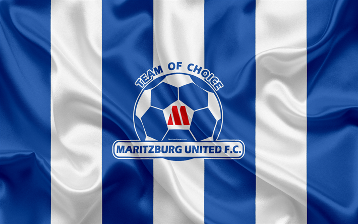 maritzburg united fc, 4k, logo, blau wei&#223; seide-flag, south african football club, emblem, premier league, pietermaritzburg, s&#252;dafrika, fu&#223;ball, seide textur