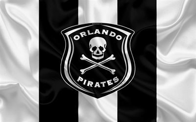 Orlando Pirates FC, 4k, logo, siyah ve beyaz ipek bayrak, G&#252;ney Afrika Futbol Kul&#252;b&#252; amblemi, İngiltere Premier Ligi, Johannesburg, G&#252;ney Afrika, futbol, ipek doku