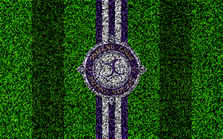 Osmanlispor FC, 4k, football lawn, logo, grass texture, Osmanlispor emblem, purple white lines, Turkish football club, Super Lig, Ankara, Turkey, football, Turkish Super Soccer