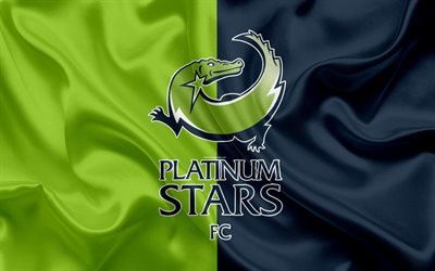 Platinum Stars FC, 4k, logotyp, gr&#246;n bl&#229; silk flag, South African football club, emblem, Premier League, Rustenburg, Sydafrika, fotboll, siden konsistens