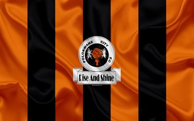 polokwane city fc, 4k, logo, orange schwarz seide-flag, south african football club, emblem, premier league polokwane, s&#252;dafrika, fu&#223;ball, seide textur