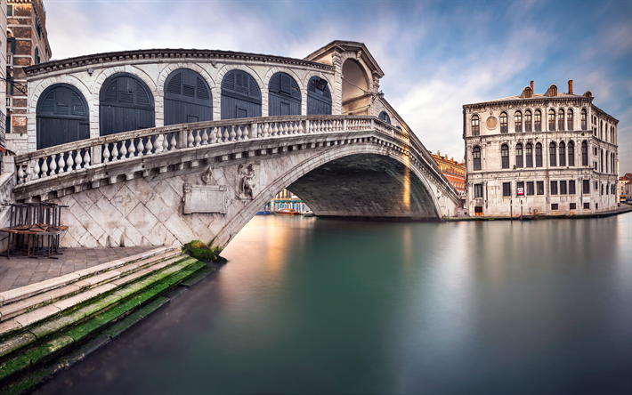 Rialto Bridge, 4k, Grand Canal, italian landmarks, Venice, Italy, Europe