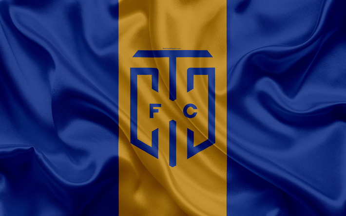 Cape Town City FC, 4k, le logo, l&#39;or bleu drapeau de soie, Sud-Africaine de football club, embl&#232;me de Premier League, le Cap, Afrique du Sud, le football, la texture de la soie