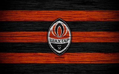 Shakhtar Donetsk FC, 4k, UPL, logo, soccer, Ukrainian Premier League, football club, Ukraine, Shakhtar Donetsk, wooden texture, FC Shakhtar Donetsk