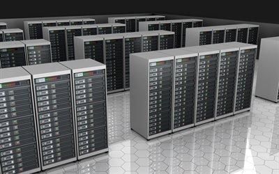 3d data center, servers, hosting concepts, 4k, server racks, network technologies