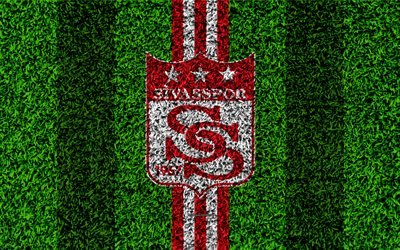Sivasspor FC, 4k, football lawn, logo, grass texture, Sivasspor emblem, red white lines, Turkish football club, Super Lig, Sivas, Turkey, football, Turkish Super Soccer