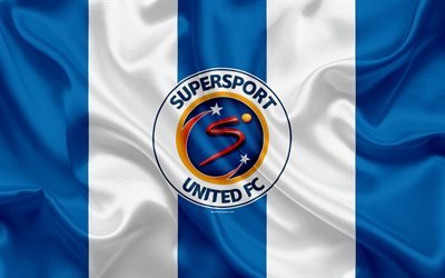 SuperSport United FC, 4k, logo, blu di seta bianca, bandiera, South African football club, emblema, Premier League, Pretoria, in Sud Africa, di calcio, di seta texture