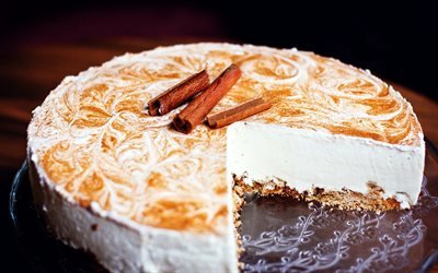 el pastel de queso, pastel grande, decoraci&#243;n de pastel, pintado de flores, dulces, canela en rama