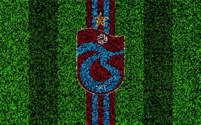 Trabzonspor FC, 4k, football lawn, logo, grass texture, Trabzonspor emblem, blue violet lines, Turkish football club, Super Lig, Trabzon, Turkey, football, Turkish football superleague, Trabzonspor Kulubu