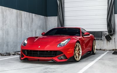 Ferrari F12berlinetta, 2018, ANRKY عجلات, F12, الأحمر الكوبيه الرياضية, السوبر, الذهب عجلات, الإيطالية للسيارات الرياضية, فيراري