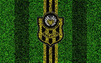 Yeni Malatyaspor, 4k, football lawn, logo, grass texture, emblem, black yellow lines, Turkish football club, Super Lig, Malatya, Turkey, football, Turkish football superleague