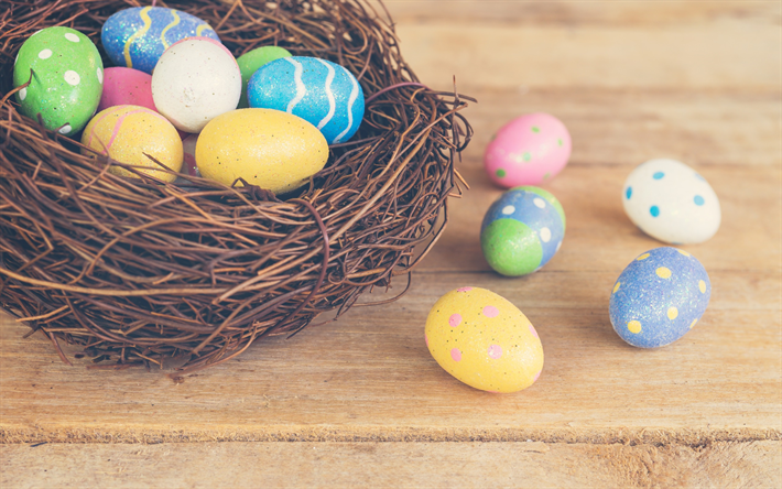 Easter eggs, spring, basket, decorated eggs, easter decoration, spring holidays