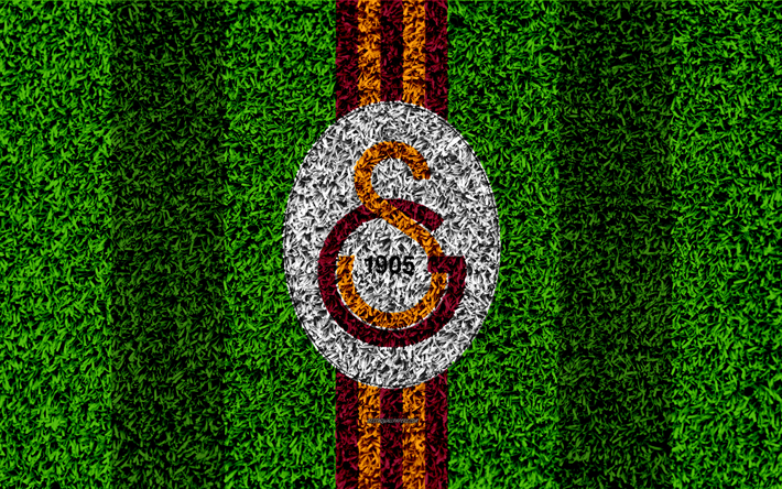 Galatasaray FC, 4k, football lawn, logo, grass texture, Galatasaray emblem, burgundy yellow lines, Turkish football club, Super Lig, Istanbul, Turkey, football, Turkish football superleague