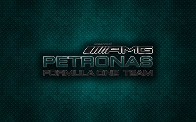 Mercedes-AMG Petronas sport automobile, Mercedes-Benz, la Formule 1, de course de l&#39;&#233;quipe, logo, art cr&#233;atif, fond m&#233;tallique, l&#39;embl&#232;me, le logo de fer, F1, Mercedes