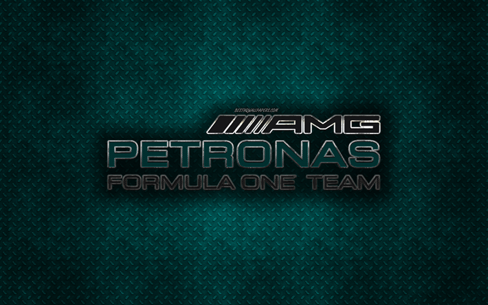 Mercedes-AMG Petronas sport automobile, Mercedes-Benz, la Formule 1, de course de l&#39;&#233;quipe, logo, art cr&#233;atif, fond m&#233;tallique, l&#39;embl&#232;me, le logo de fer, F1, Mercedes