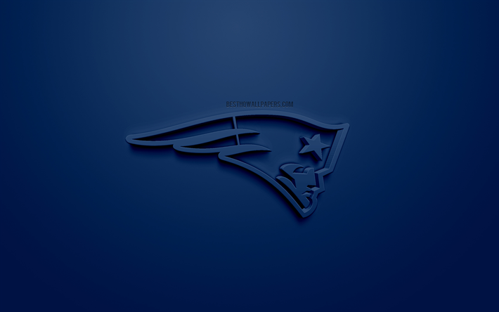 New England Patriots, American football club, luova 3D logo, sininen tausta, 3d-tunnus, NFL, Boston, Massachusetts, USA, National Football League, 3d art, Amerikkalainen jalkapallo, 3d logo