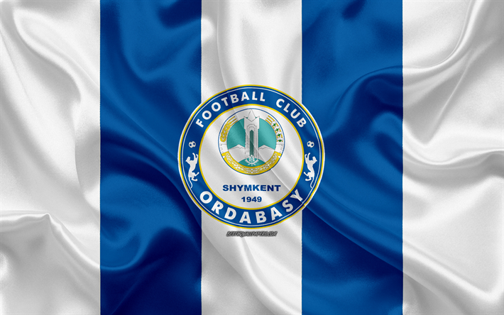 FC Ordabasy, 4k, Kazakh, club de football, bleu, blanc, drapeau, drapeau de soie, Kazakhstan, Premier League, Shymkent, football