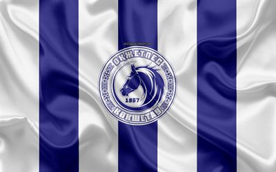 FC Okzhetpes, 4k, kazako football club, bianco-blu, bandiera, bandiera di seta, Kazakistan Premier League, Kokshetau, Kazakistan, calcio