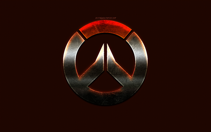 Overwatch, emblem, logo, creative art, dark orange background, Overwatch metallic logo, popular games