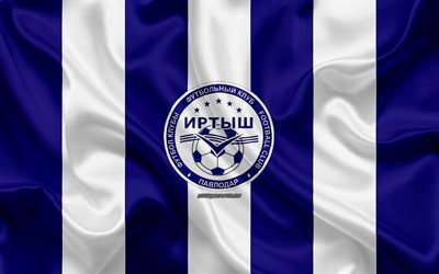 FC Irtysh Pavlodar, 4k, kazako football club, blu, bianco, bandiera, bandiera di seta, Kazakistan Premier League, Pavlodar, il Kazakistan, il calcio