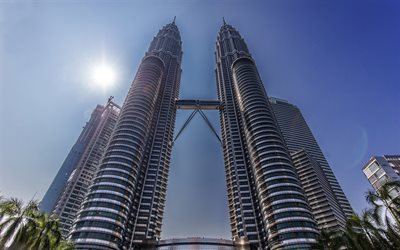 Kuala Lumpur, Petronas Towers, Malaysia, bottom view, skyscrapers, modern architecture
