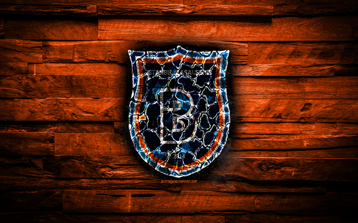 İstanbul Başakşehir FC, yanan logo, S&#252;per Lig, turuncu ahşap arka plan, Hollandalı Futbol Kul&#252;b&#252;, grunge, futbol, İstanbul Başakşehir logo, yangın, doku, İstanbul, T&#252;rkiye