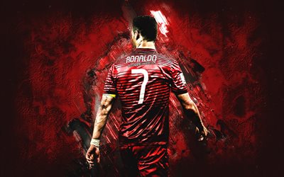 Cristiano Ronaldo, Portugalin jalkapalloilija, Portugalin jalkapallomaajoukkue, 7 numero, punainen luova tausta, creative art, Portugali, CR7, jalkapallo