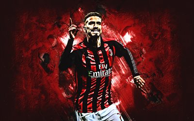 Samu Castillejo, AC Milan, Spanish football player, midfielder, portrait, goal, red stone background, creative art, Serie A, Italy, football