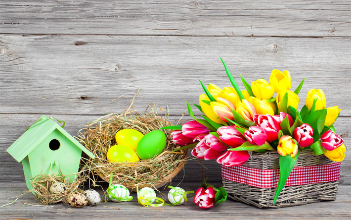 Easter eggs, yellow tulips, spring flowers, pink tulips, Easter, eggs in the nest, Easter background