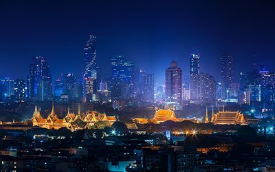 Bangkok, paisaje urbano, rascacielos, noche, Tailandia