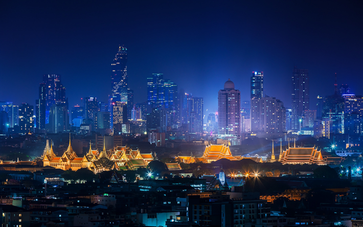 Bangkok, kaupunkikuva, pilvenpiirt&#228;ji&#228;, y&#246;, illalla, Thaimaa