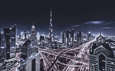 Dubai, EMIRATOS &#225;rabes unidos, el Burj Khalifa, de paisajes nocturnos, paisajes urbanos, los rascacielos, los Emiratos &#193;rabes Unidos