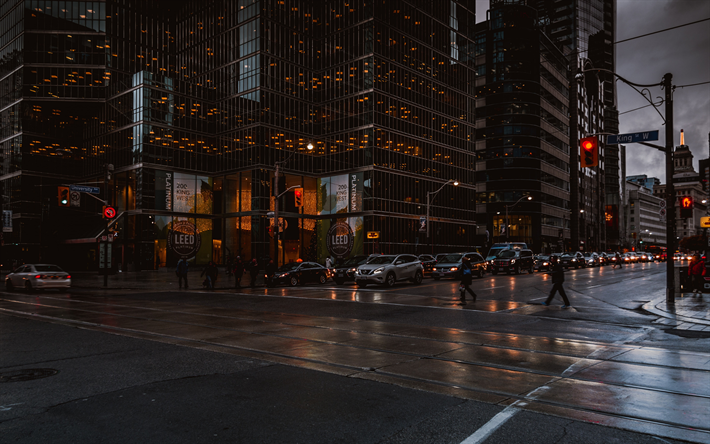 Toronto, crossroads, gatorna, kv&#228;ll, molnigt v&#228;der, Kanadensiska staden, Ontario, Kanada