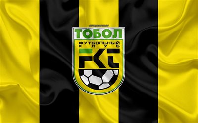 FC Tobol, 4k, el kazajo club de f&#250;tbol, amarillo, negro de la bandera, bandera de seda, Kazajst&#225;n de la Premier League, Kostanai, Kazajst&#225;n, f&#250;tbol